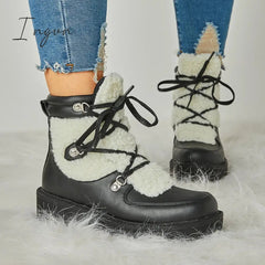 Ingvn - Women's Faux Shearling Stiching Lace Up Snow Boots
