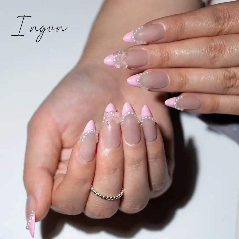 10Pcs Handmade Nails Set Press on Long Almond False Nail with Rhinestone Pink Camellia Design Reusable Full Cover Fake Nail Tips
