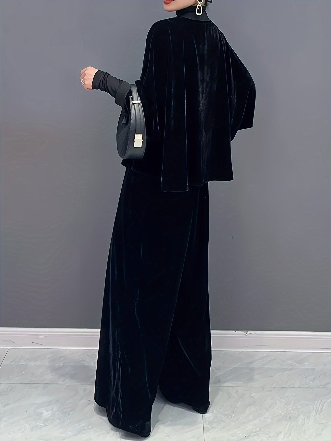 2 Pcs Velvet Solid Color Long Sleeve Open Front Top & Wide Leg Pants Outfit, Women's Clothing