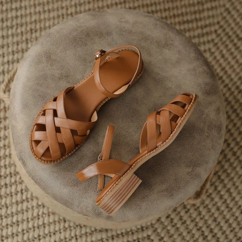 Retro style Summer Women Sandals Fashion Elegant Weave Cover Toe Shoes Ladies Comfort Low Heel Beach Vacation Sandalias