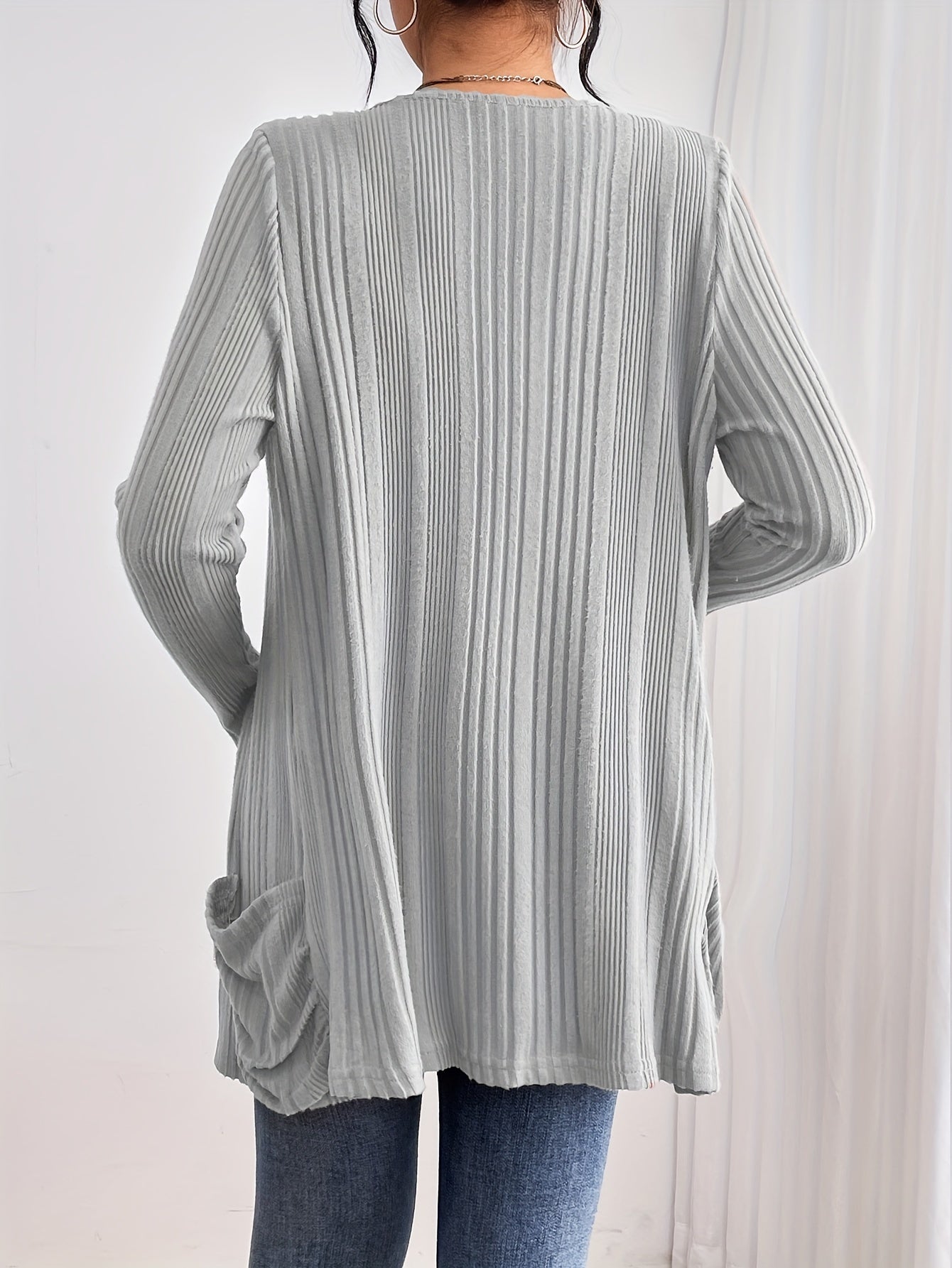Solid Open Front Rib Knit Cardigan, Casual Long Sleeve Slim Cardigan With Pocket, Women's Clothing