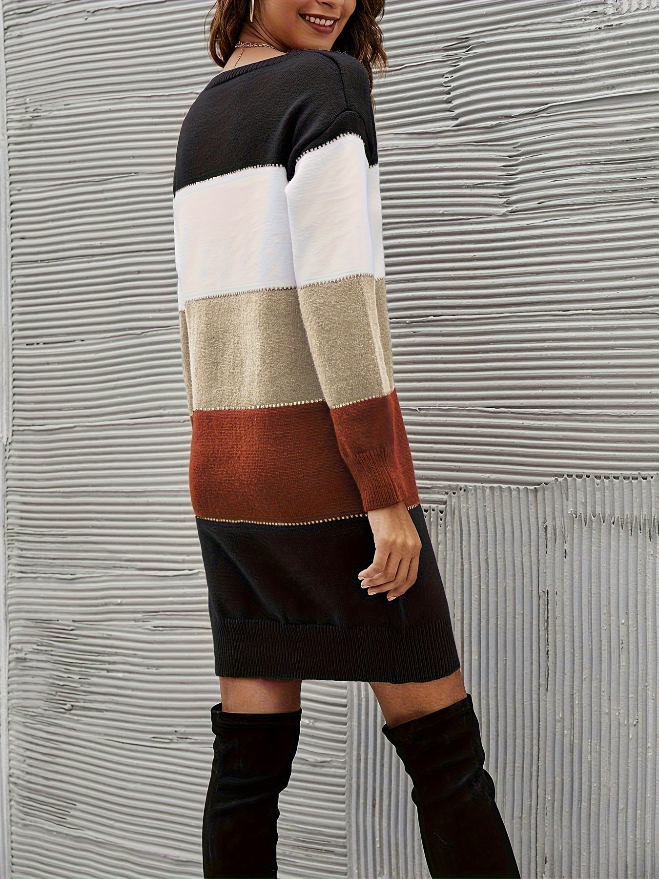 Long Sleeve Casual Color Block Simple Dress, Women's Crew Neck Clothing