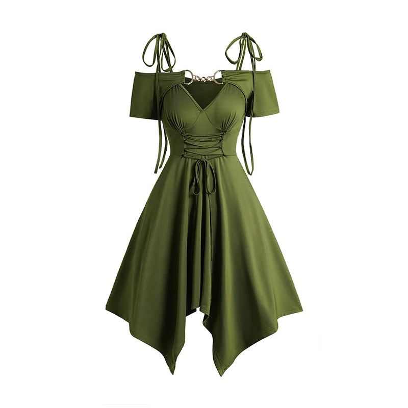 2025 Women's Cold Shoulder Dresses Lace Up Asymmetric Dress Tie Knot Shoulder Chain Solid Color Short Sleeve Dress