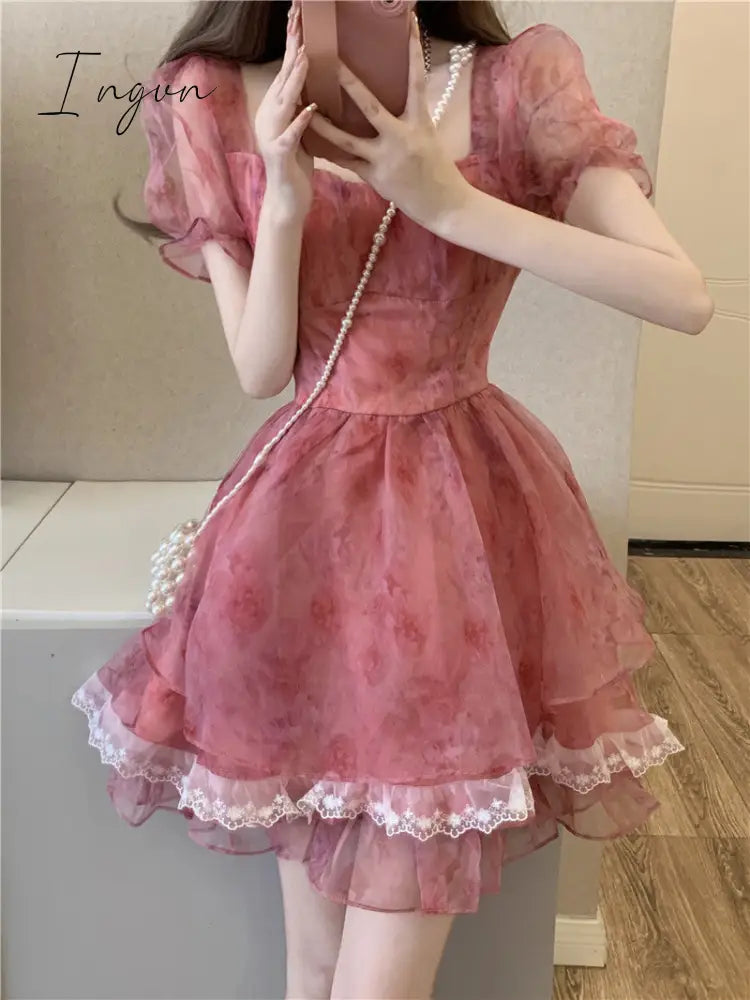 Ingvn - Pink Floral Short Party Dress Sexy Lace Puff Fairy Kawaii Clothing Mini Dress Fashion Birthday Lolita Dress Women Summer 2023