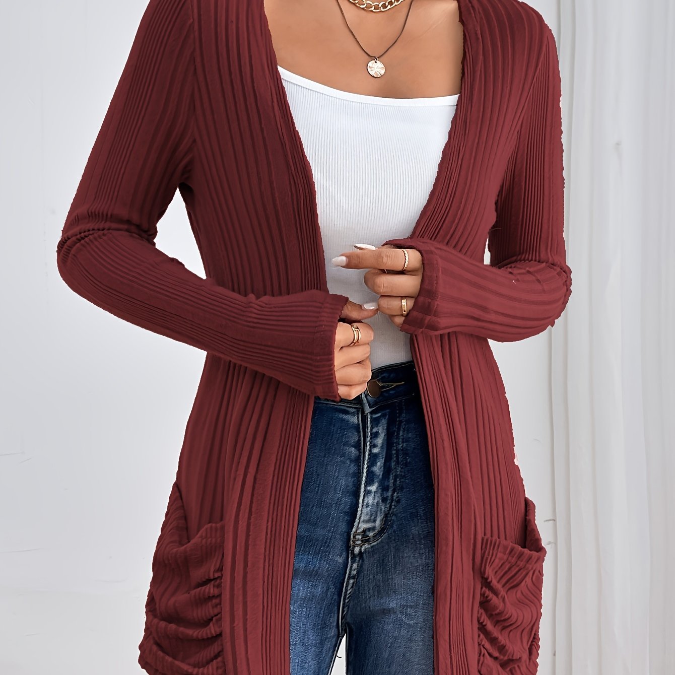 Solid Open Front Rib Knit Cardigan, Casual Long Sleeve Slim Cardigan With Pocket, Women's Clothing