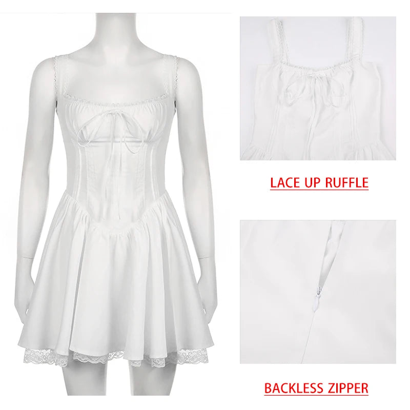Lace Up Ruffle Backless Sexy Dresses Women Robes Elegant Evening Party Dress Mini Summer Dress