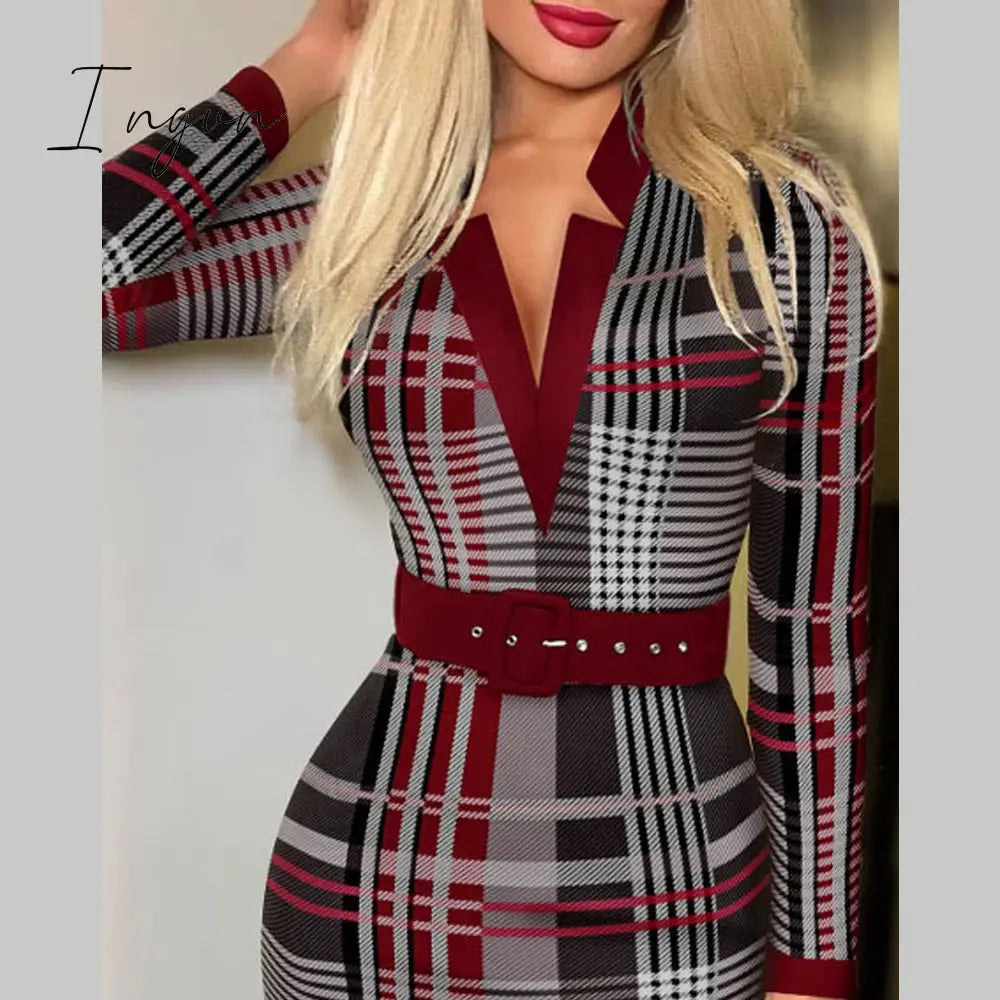 Ingvn - Spring Outfits Trends Office Lady Long Sleeve V-neck Maxi Dress Spring Autumn Vintage Print Slim High Waist Belted Vestidos De Mujer Elegant Dresses