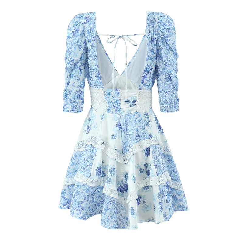 Lace Spliced Blue Floral Print Summer Dress Women Sexy Backless V Neck A-line Mini Dresses Holiday Vestido Boho Robe