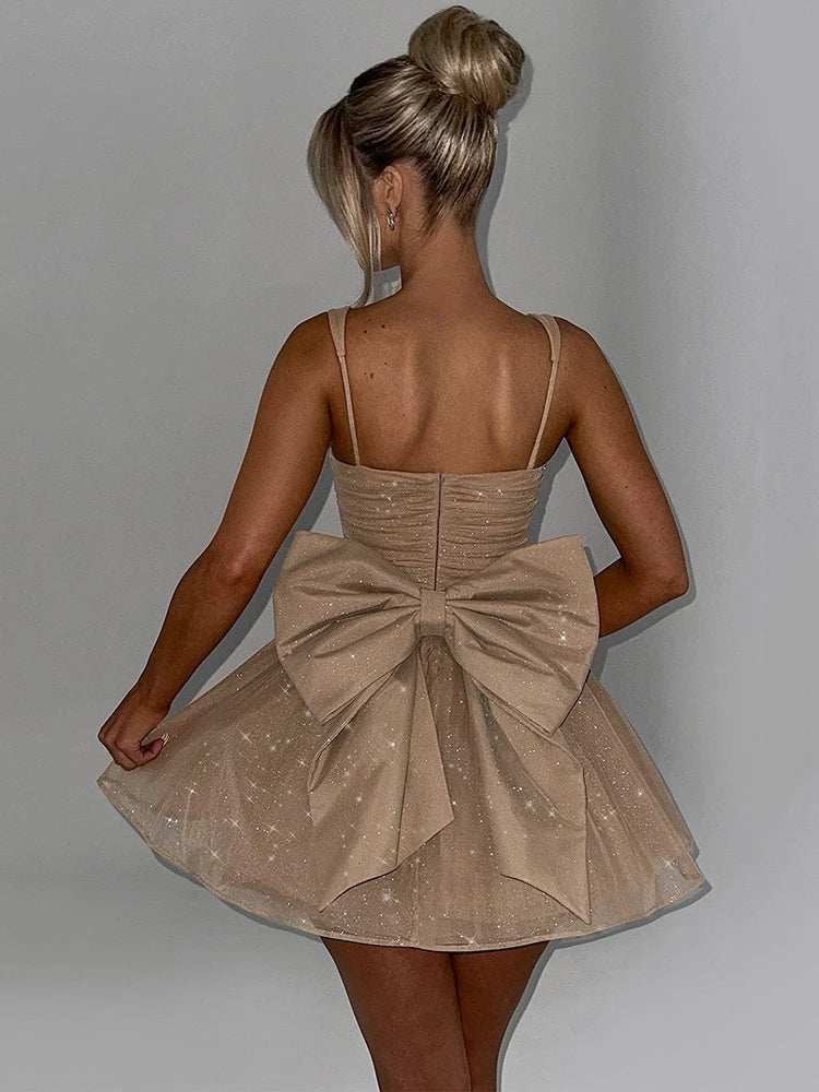 Bow Backless Sexy Mini Dress For Women Robe Spaghetti Strap Sleeveless Backless High Waist A-line Club Dress Vestido