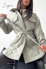 Ingvn - Casual Solid Bandage Patchwork Turndown Collar Outerwear
