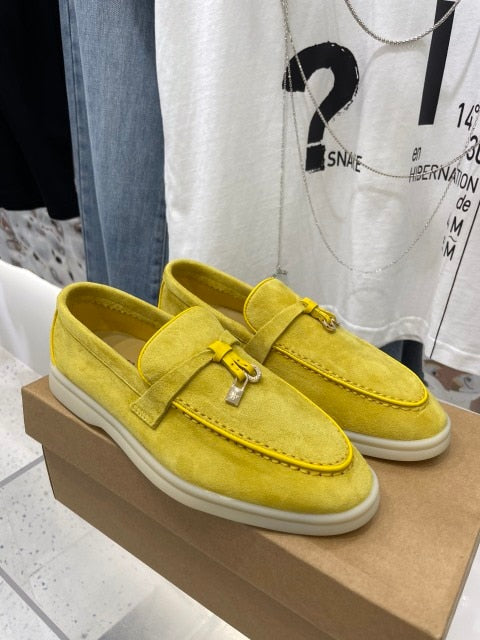 Trend New Kidsuede Women Flat Shoes Lazy Slip-on Metal Loafers Lady Casual Walk Shoes Woman Single Shoes Summer Real Leather