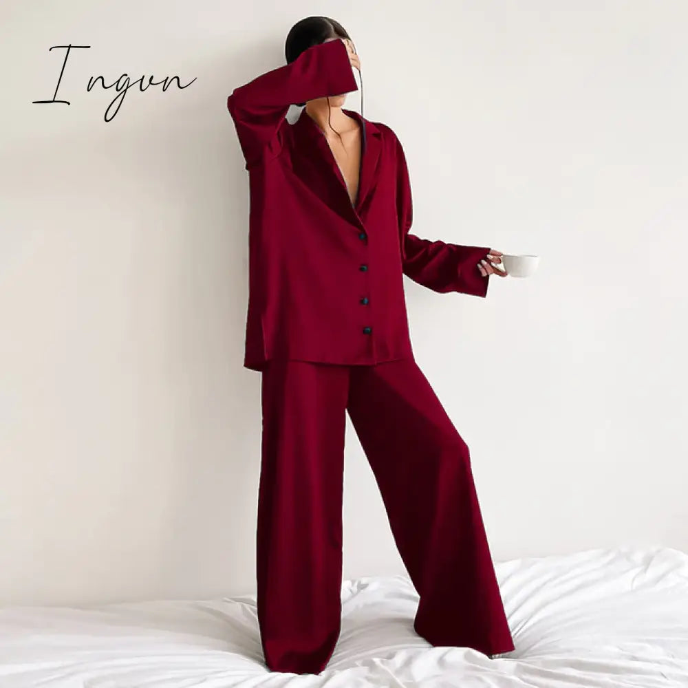 Ingvn - Oversized Satin Silk Sleepwear Low Cut Sexy Pajamas For Women Single-Breasted Long Sleeves Wide Leg Pants Trouser Suits