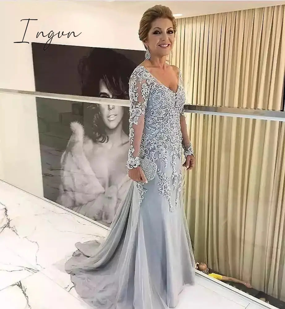 Ingvn - Elegant Silver Long Sleeves Mother Of The Bride Clothes V Neck Bride Patin Evening Dress Wedding Party Guest Clothes New