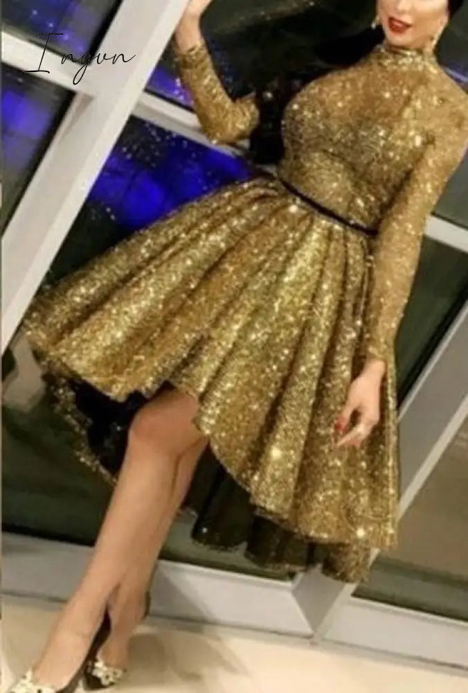 Ingvn - Evening Celebrity Prom Ball Gown Dresses 2023 Woman Party Night Short Elegant Plus Size Arabic Dubai Gold Formal Dress