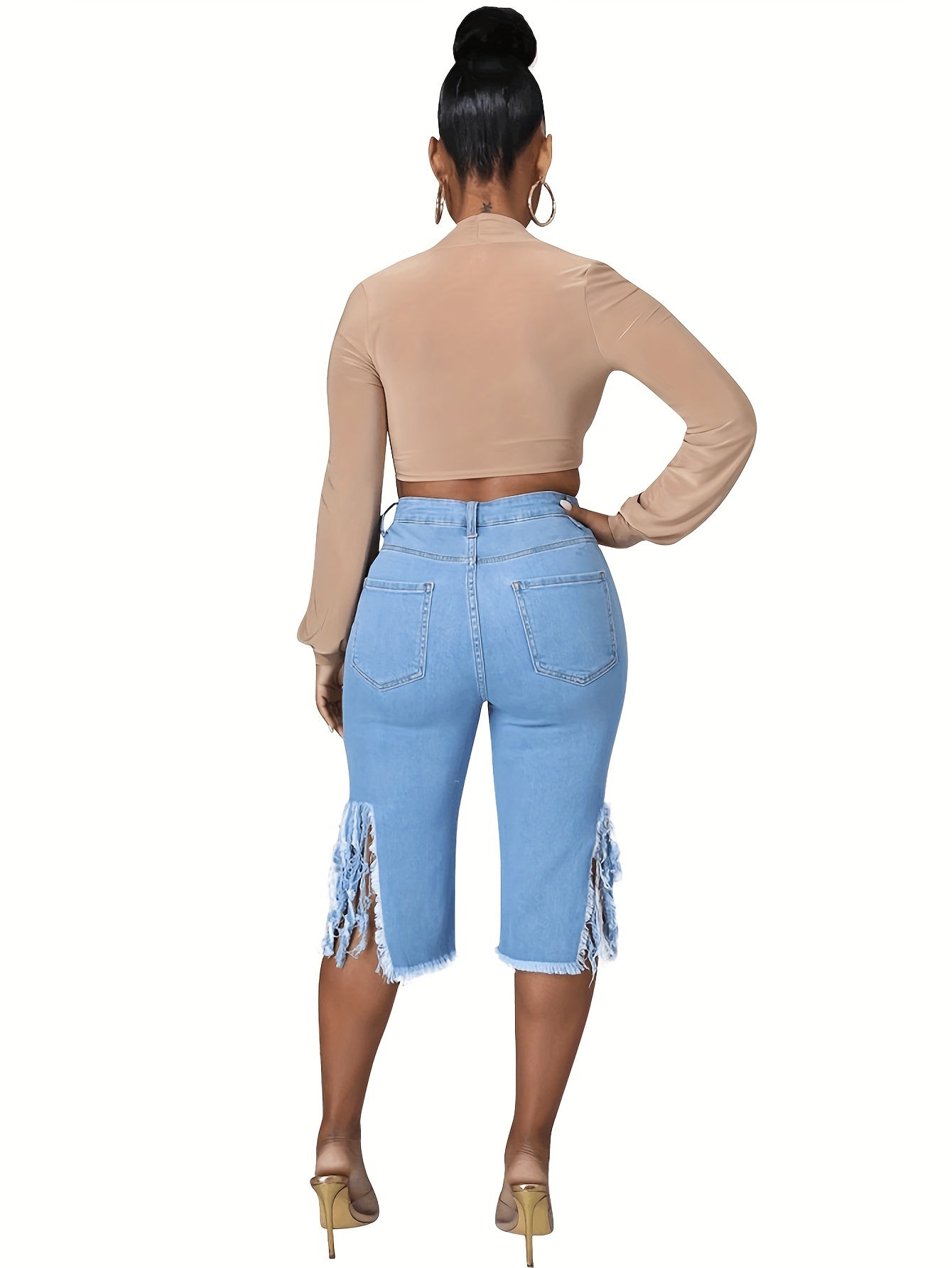 High-Stretch Womens Bermuda Denim Midi Shorts - Distressed Raw Fringe Hem, Ripped Split Details, Fashionable Summer Jeans Wear with Tassel Accents - Solid Color, No Printing, Casual Style, Woven Fabric