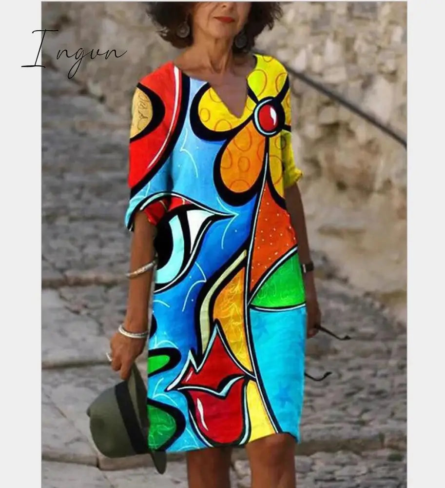 Ingvn - New Women Printing Dress Summer V-Neck Half Sleeve A-Line Dresses Female Retro litera Vintage Loose Dress Vestidos