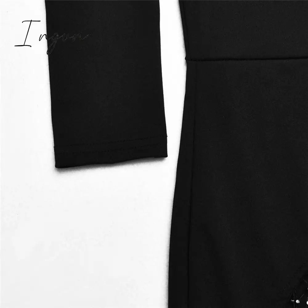 Ingvn - Patchwork Diamond Fishnet Bodycon Women Jumpsuit Black One Shoulder Long Sleeve Jumpsuit Lady Sexy Evening Party Clothes