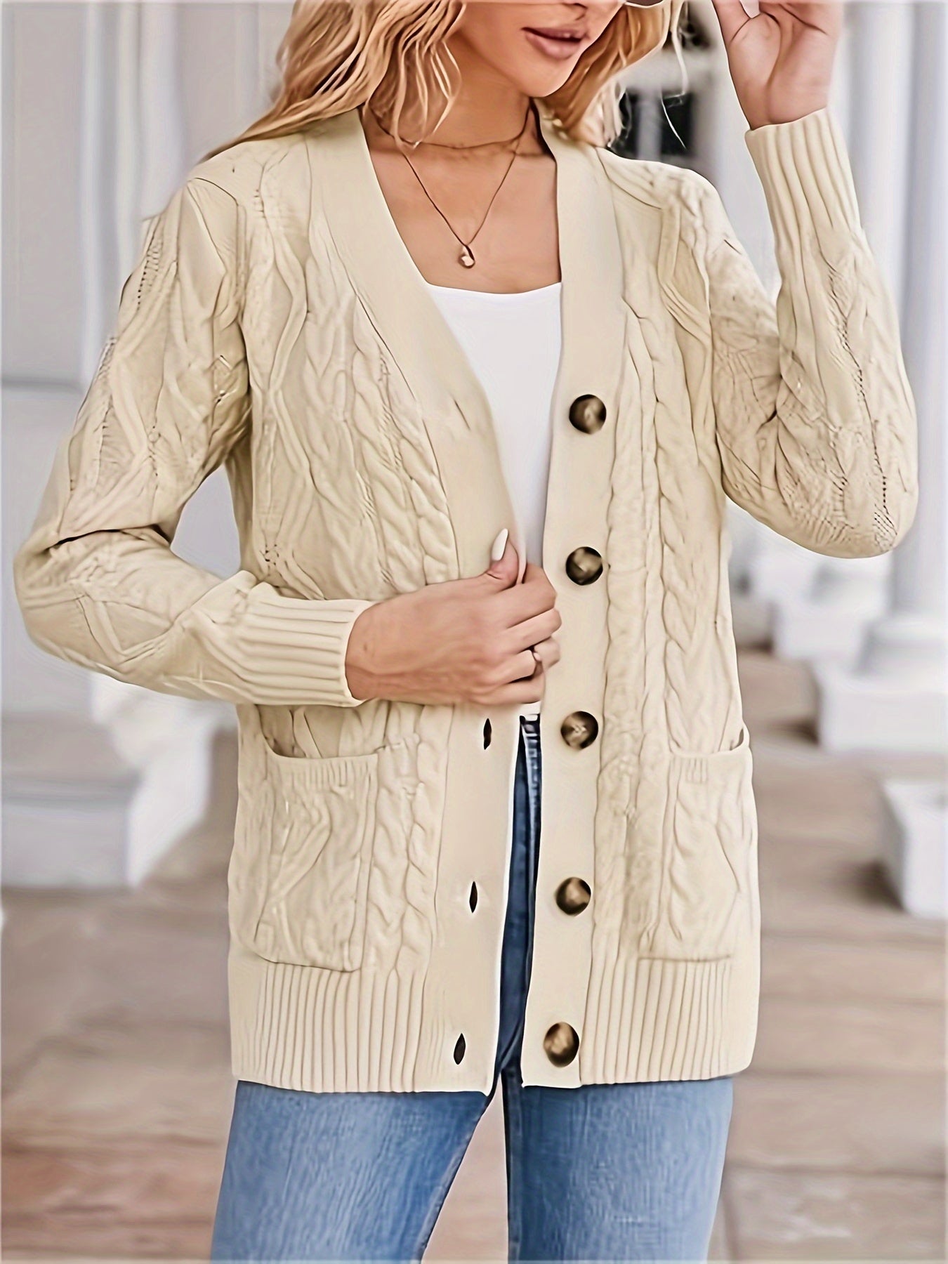 Cozy Cable Knit Long Sleeve Cardigan - Women's Casual Single Breasted Cardigans with Pockets for Spring & Fall - Soft, Comfortable, and Stylish Women's Clothing
