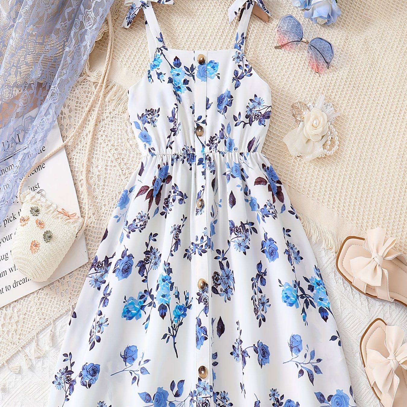 Girls Bow Straps Cami Dress Floral Print Casual Suspender Dress