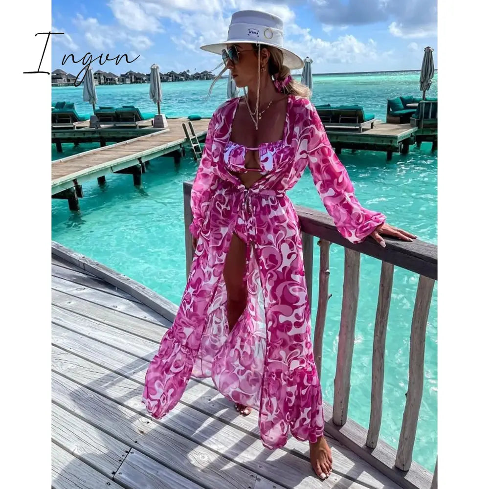 Ingvn - 2023 Swimsuit Cover Up Kaftan Tunic Dress Print Chiffon Pareo Kimono Summer Women Beachwear Beach Cover-up Cardigan Outfits