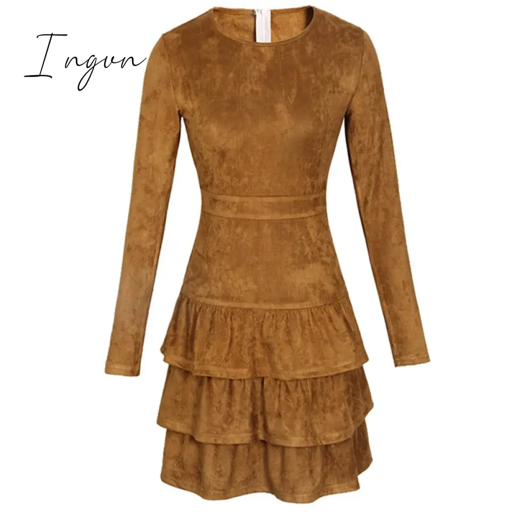 Ingvn - BornToGirl Woman Vintage Dress Spring Autumn Winter Women's Long Sleeve Black Brown Sky Blue Suede Dress robe femme