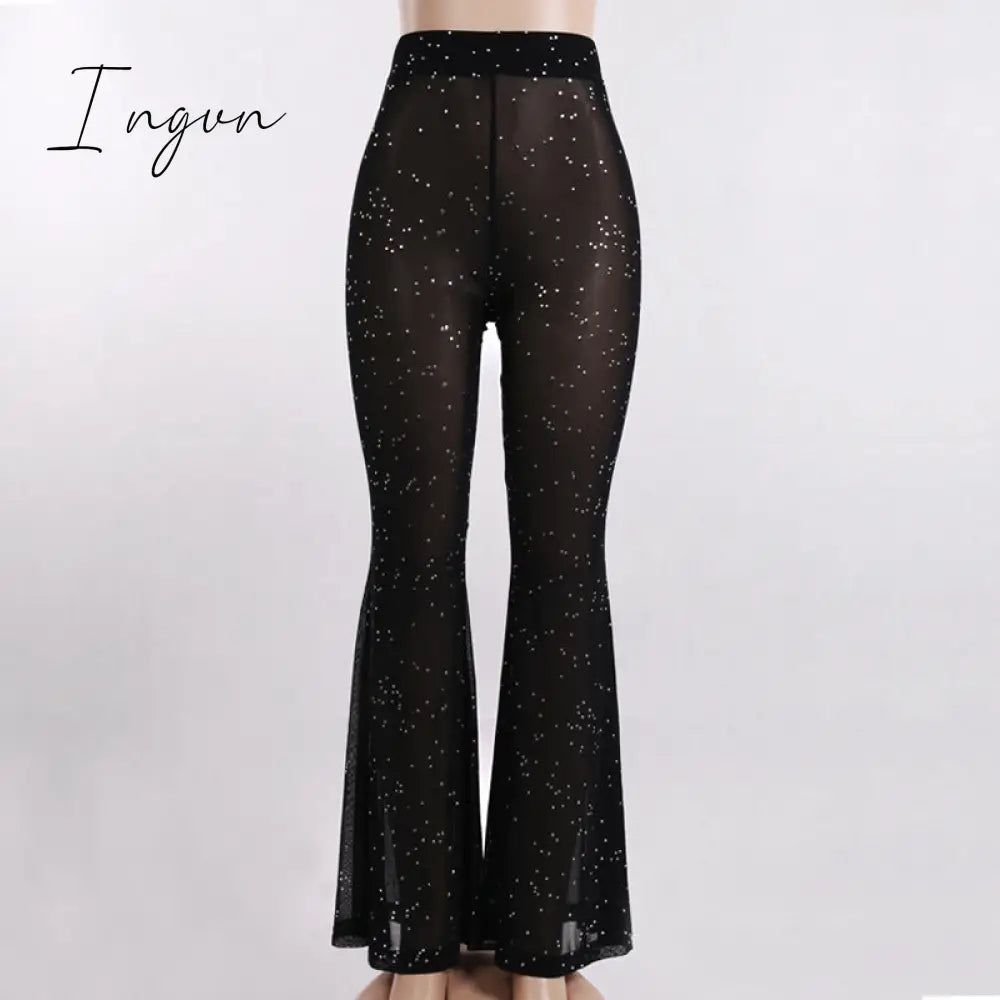 Ingvn - Hot Sparkly Rhinestone Black Mesh Sexy Flare Pants Streetwear Rave Bottoms See Through Beach Bell Bottom Pants C66-BE16