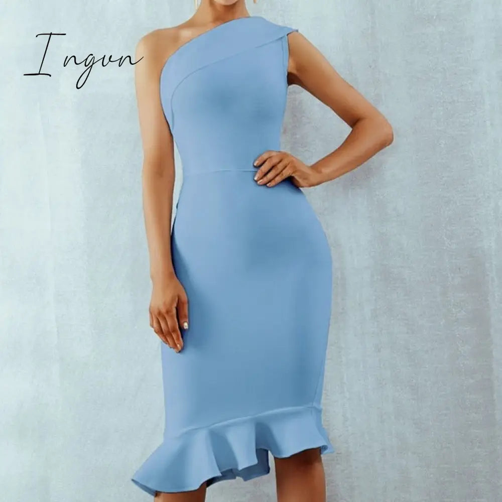 Ingvn - New Summer Women Bandage Dress Sexy One Shoulder Sleeveless Ruffles Nightclub Celebrity Evening Party Mermaid Dresses