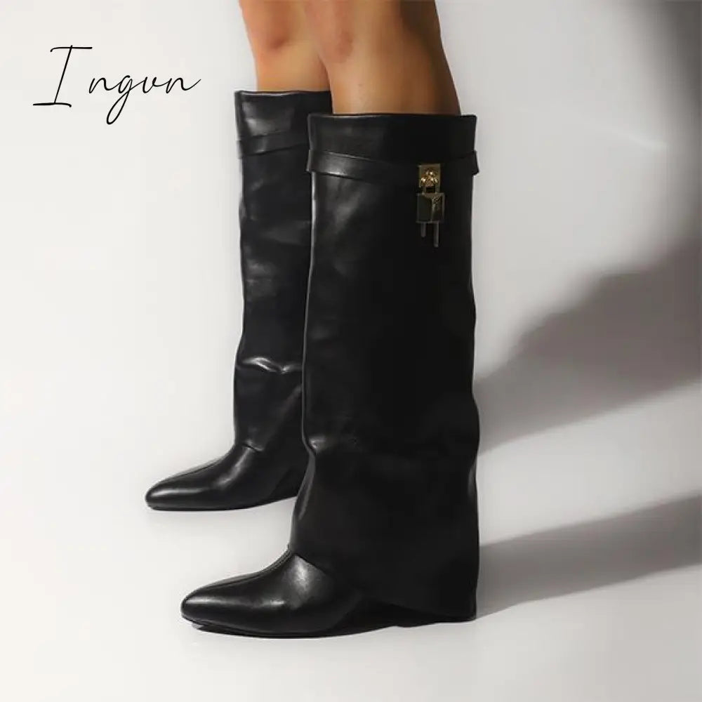 Ingvn - Comfy Leather Hidden Wedge Heel Roman Boots