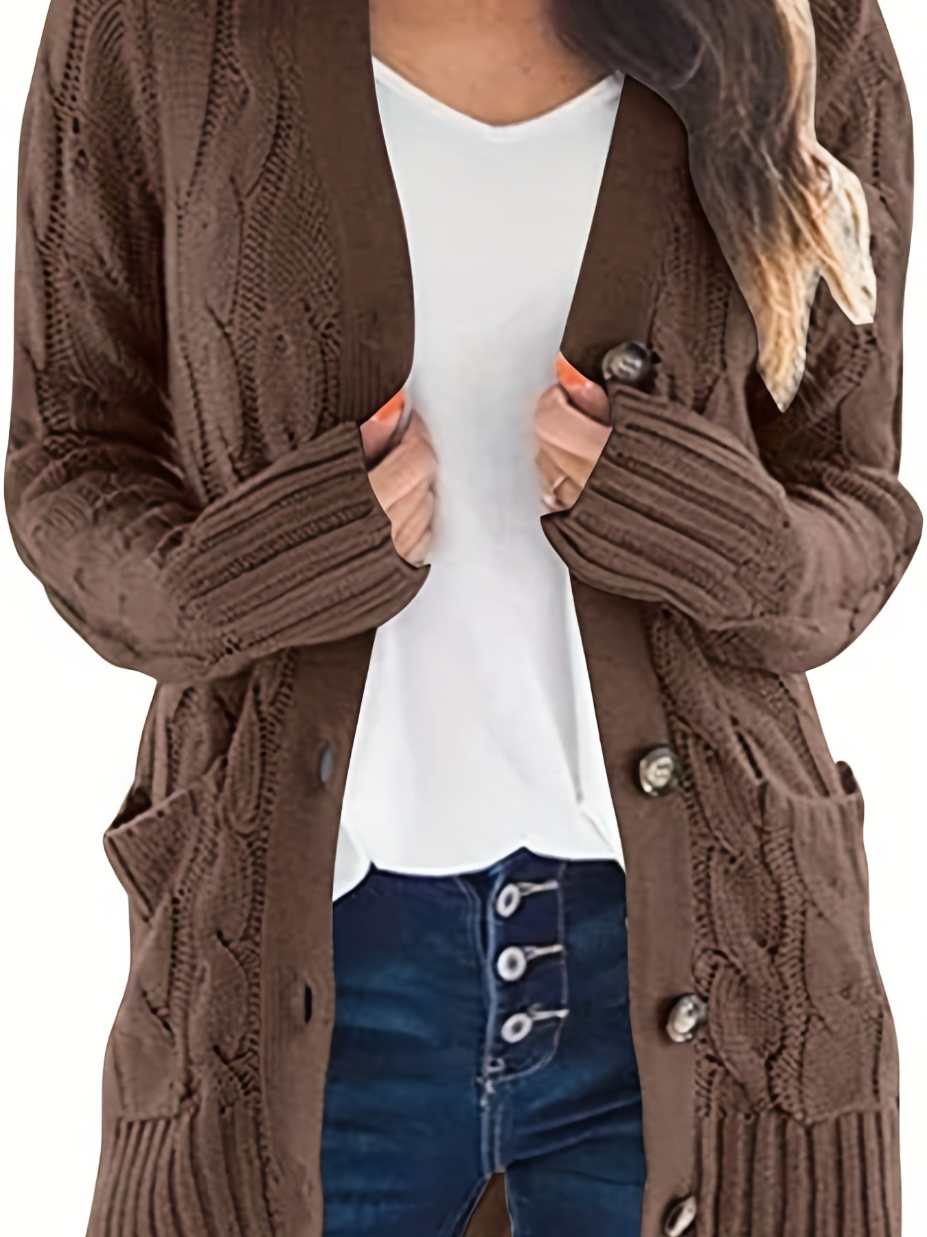 Cable Knit Button Front Cardigan, Casual Solid Long Sleeve Cardigan For Fall & Winter, Women's Clothing