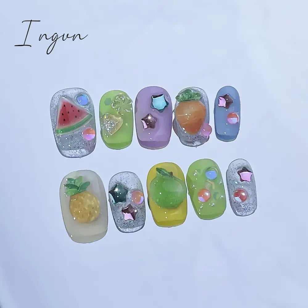 10Pcs Pink Cute Handmade Press on Nails Full Cover Bear Rhinestone Summer French Short False Nails Wearable Manicure Nail Tips