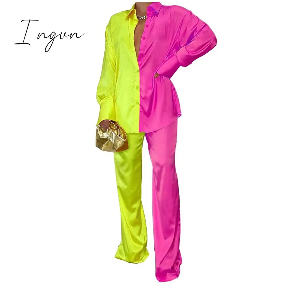 Ingvn - Women Elegant Satin Two Piece Sets Casual Feamle Solid Loose Outfits Long Sleeve Shirt And Wide Leg Straight Pants Suits
