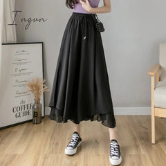 Ingvn - Spring Autumn New Style Pleated Chiffon Wide Leg Pants Fashion High Waist Drape Elegant Ankle-length Pants Skirt Trousers