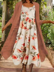 Plus Size Outfits Set, Women's Plus Floral Print Round Neck Tank Dress & Long Sleeve Coat Outfits Two Piece Set