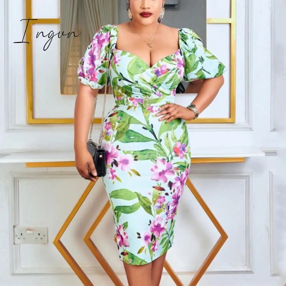 Ingvn - Women Summer Printed Bodycon Dresses Puff Short Sleeve Wrapped High Waist Fitted Midi Dress with Belt Office Party Clothes