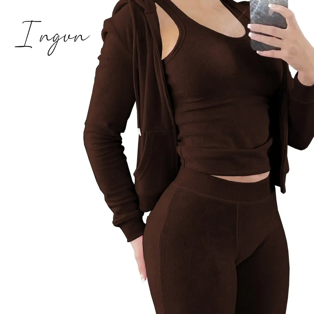 Ingvn - Double Face Fleece Three Piece Set Woman Long Sleeve Vest Hooded Drawstring Sweatpants Winter Sports Jogger Outfits