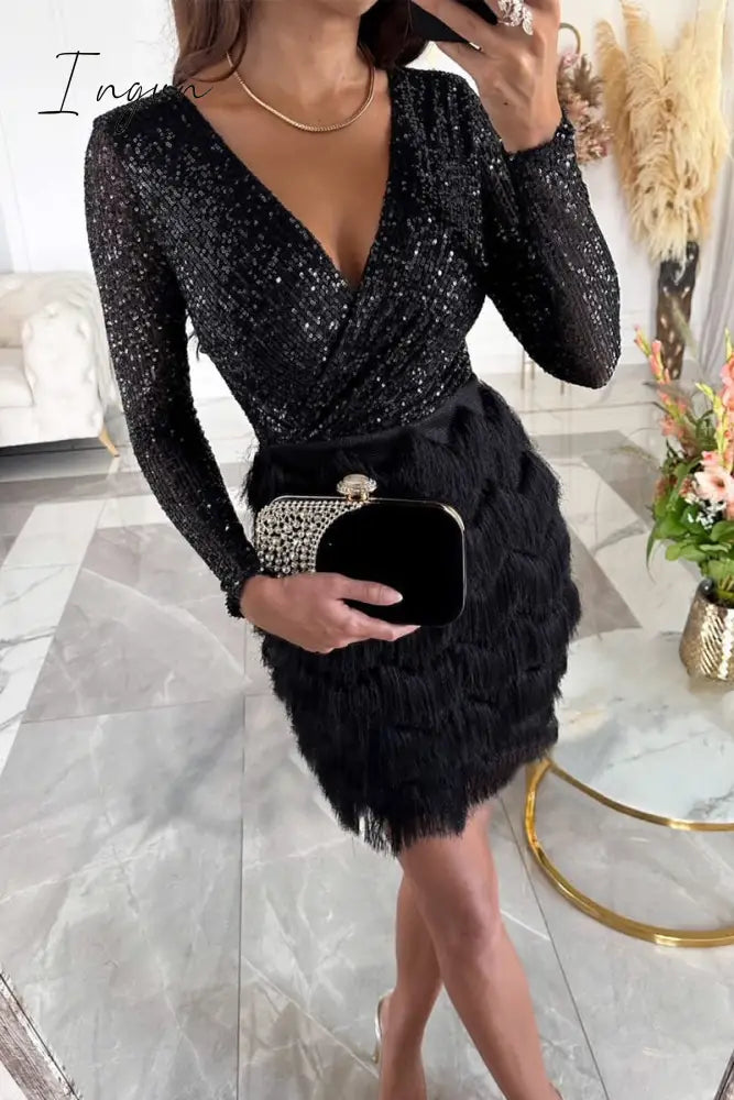 Ingvn - Sexy Solid Tassel Sequins V Neck Wrapped Skirt Dresses