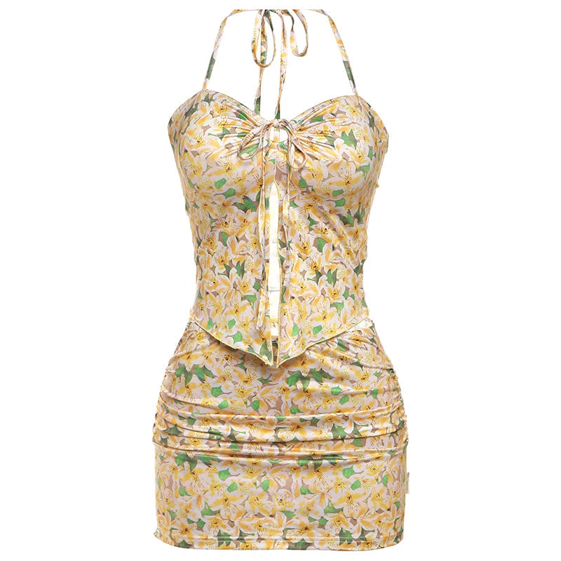 Sweet Floral Print Women 2 Piece Set Elegant Halter Shirring Tube Camisole+Peach Hip Skirts Sexy Club Matching Suits
