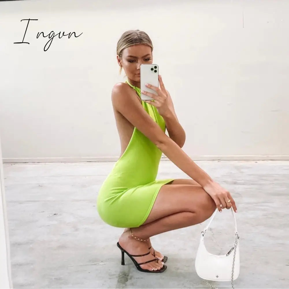 Ingvn - Halter Sexy Backless Mini Dresses Bodycon Skinny Club Party Sleeveless Knitted Dress Fall Streetwear Beach Holiday