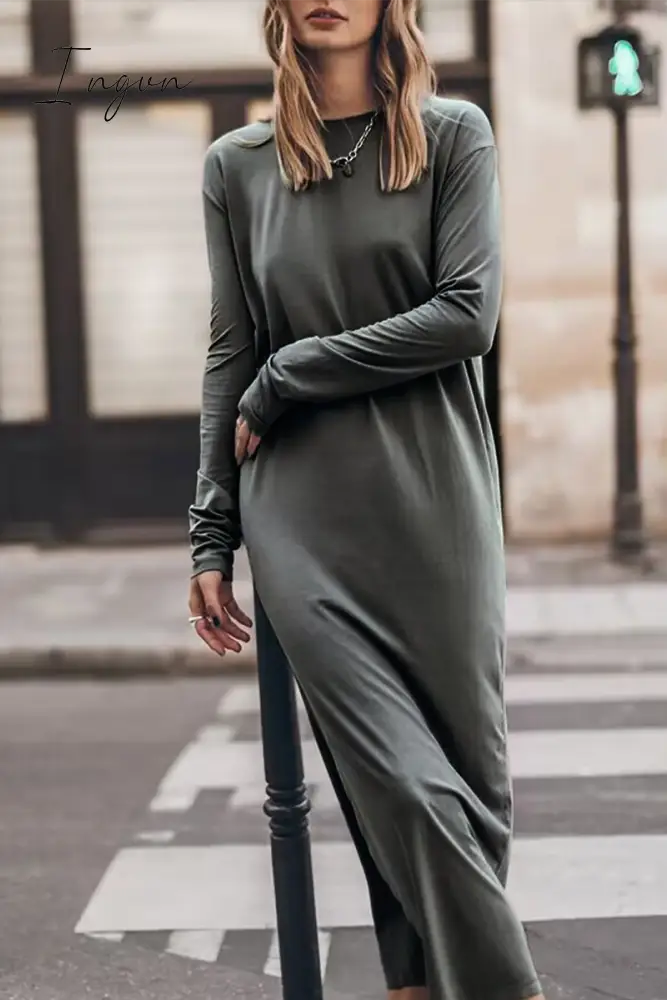 Ingvn - Casual Solid Slit O Neck Long Sleeve Dresses