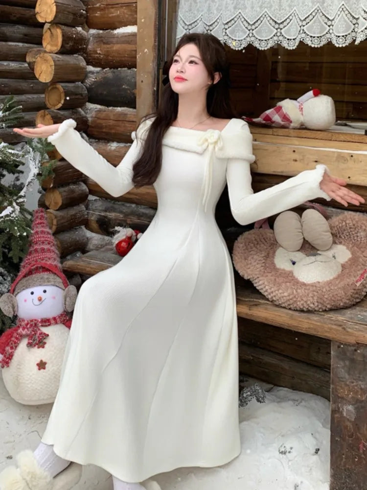 Elegant Solid Knitted Dresses for Women Korean Sweet Slash Neck Long Sleeves Princess Birthday Party Dress A-Line Vestidos Robe