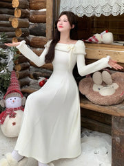 Elegant Solid Knitted Dresses for Women Korean Sweet Slash Neck Long Sleeves Princess Birthday Party Dress A-Line Vestidos Robe