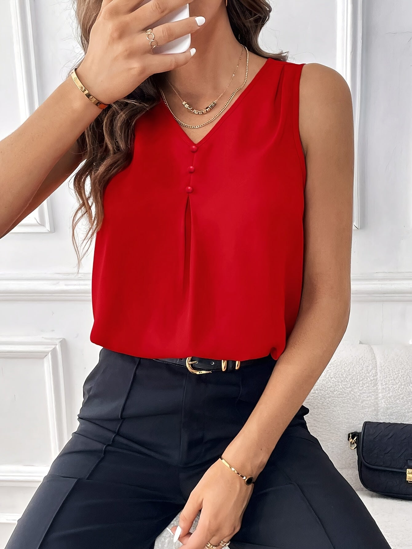Solid V-neck Button Decor Top, Elegant Sleeveless Top For Summer, Women's Clothing