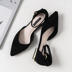 Low Heel Single Women Shoes Woman Spring Pumps Summer Pointed Hollow Sandals Word Belt Fairy Shoes Black Work Shoes Girl Shoes