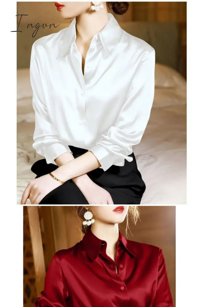 Ingvn - Brand Quality Luxury Women Shirt Elegant Office Button Up Long Sleeve Shirts Momi Silk Crepe Satin Blouses for Women Fashion Business Ladies Top