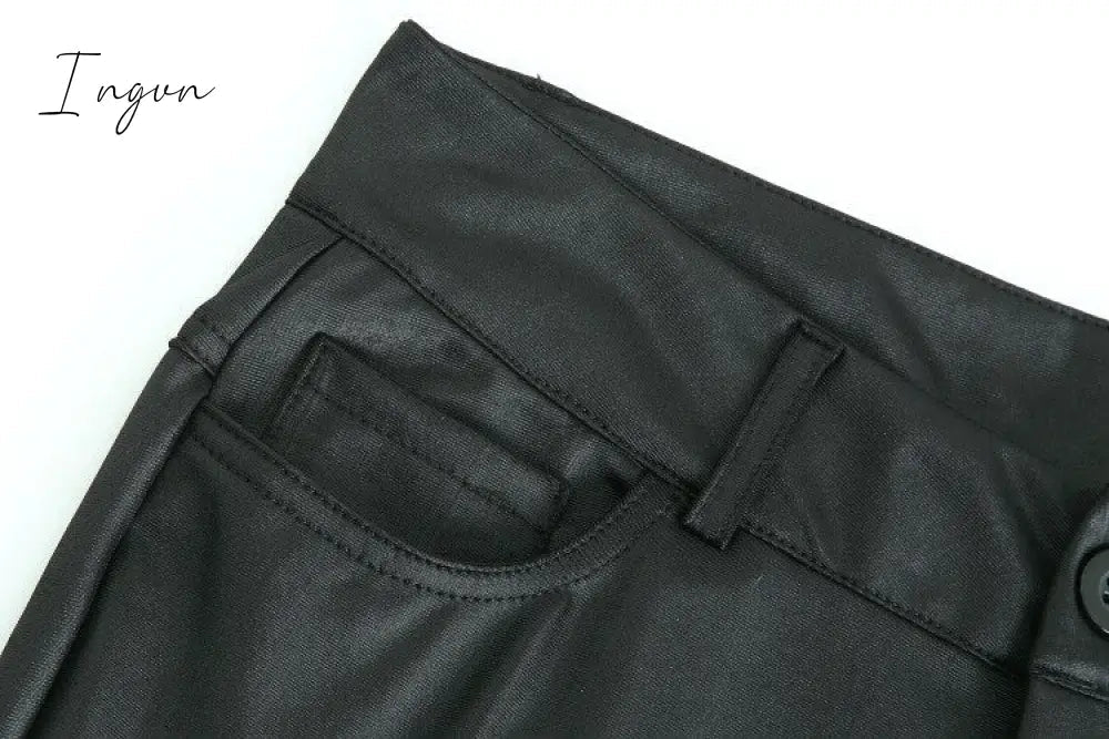 Ingvn - PU Leather Pants Women High Waist Button Zipper Slim Push Up Woman Pencil Pants Casual Pockets Blue Skinny Women Pants Plus Size