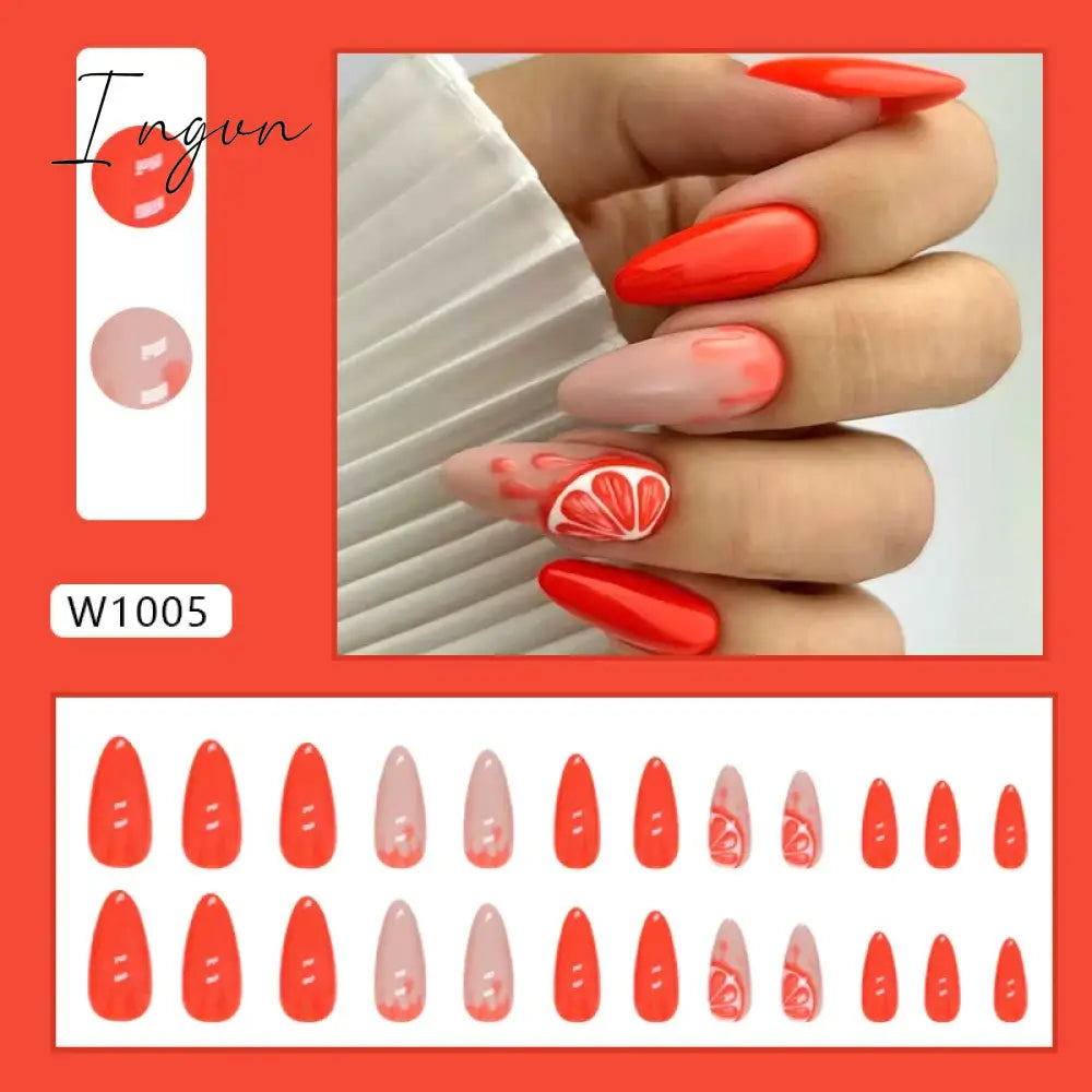 24pcs Cute Fruit False Nail Short Persimmon Orange Printed Press on Nail Manicure Patch Full Cover Detachable Acrylic Nail Tips
