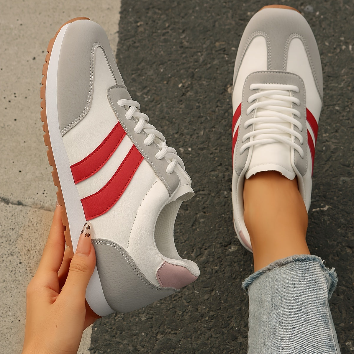 Women's Fashion Sneakers - Breathable & Lightweight, Lace-Up Casual Sneakers with Red & Blue Stripes, Comfortable Soft Sole