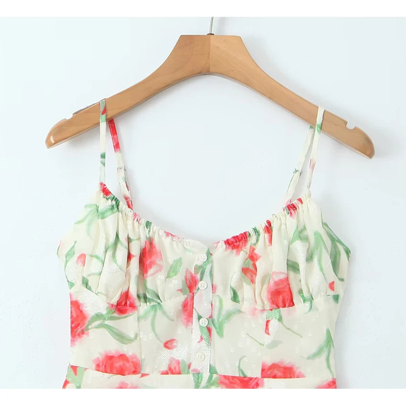 Sexy Elegant Women O Neck Thin Straps Floral Print Dress Vintage High Waist A-line Midi Holiday Summer Dresses Party Robe