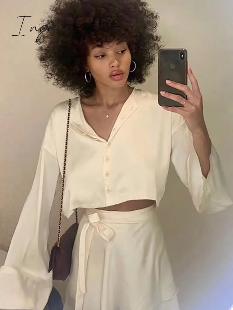 Ingvn - Casual Satin Two Piece Dress Set For Women White O-neck Button Top Bandage Mini Pencil Skirts Outfits Fashion Party Suit