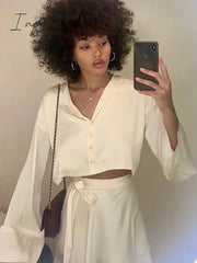 Ingvn - Casual Satin Two Piece Dress Set For Women White O-neck Button Top Bandage Mini Pencil Skirts Outfits Fashion Party Suit